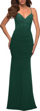 La Femme Long Jersey Dress with Sheer Corset Bodice