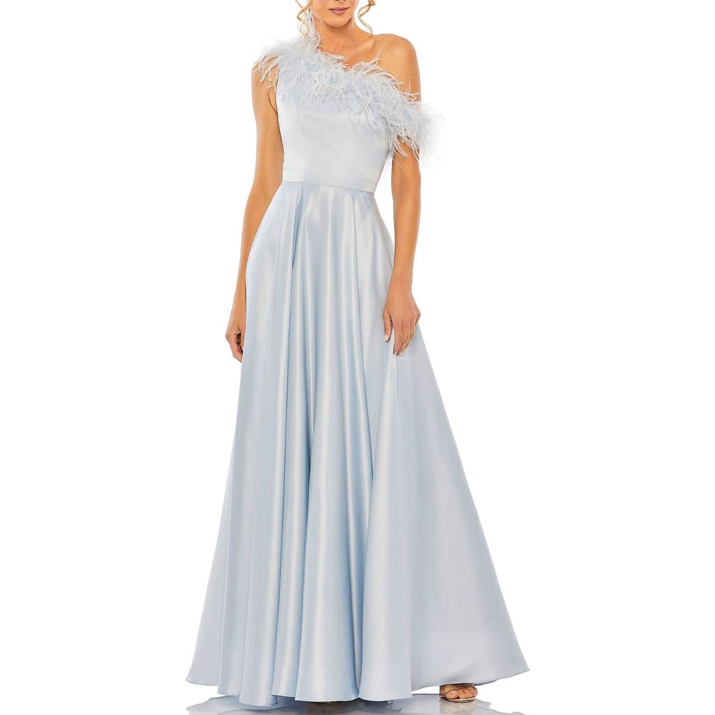 Shop Mac Duggal One Shoulder A Line Gown With Feather Detail In Powder Blue