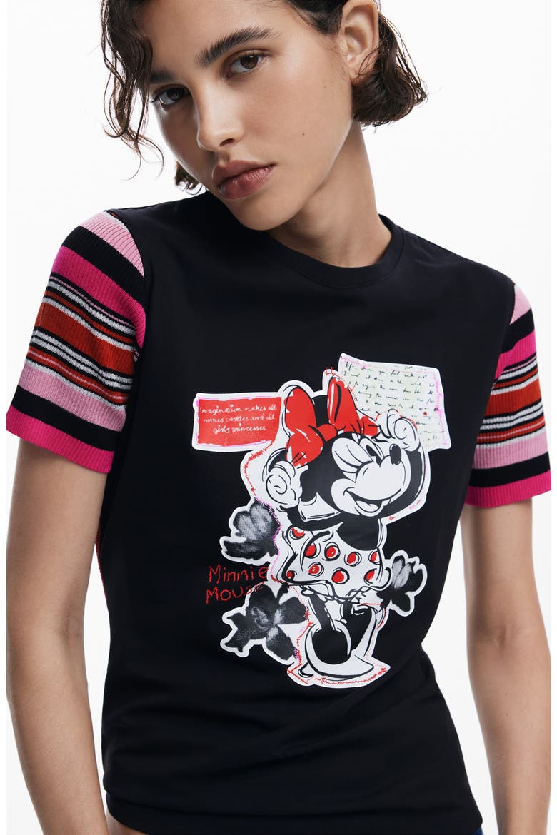 Minnie Mouse Stripe Sleeve Graphic T-Shirt, Alternate, color, BLACK