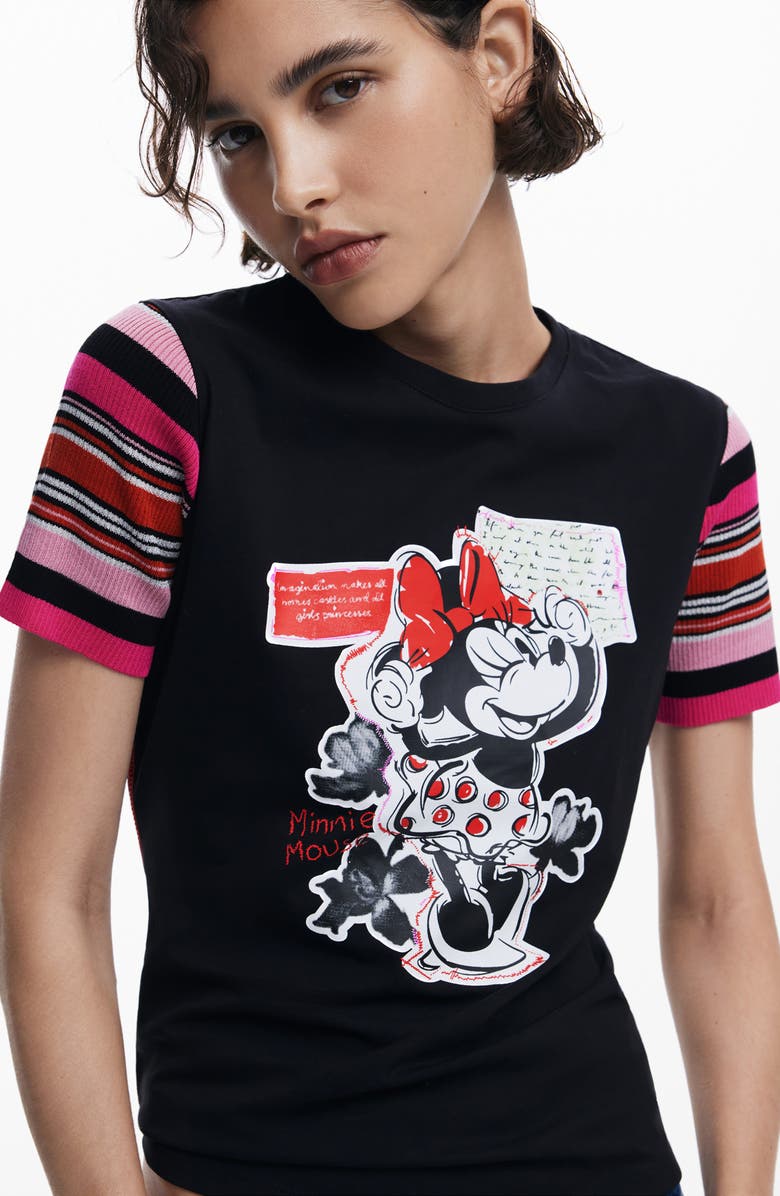 Desigual Minnie Mouse Stripe Sleeve Graphic T-Shirt, Alternate, color, Black