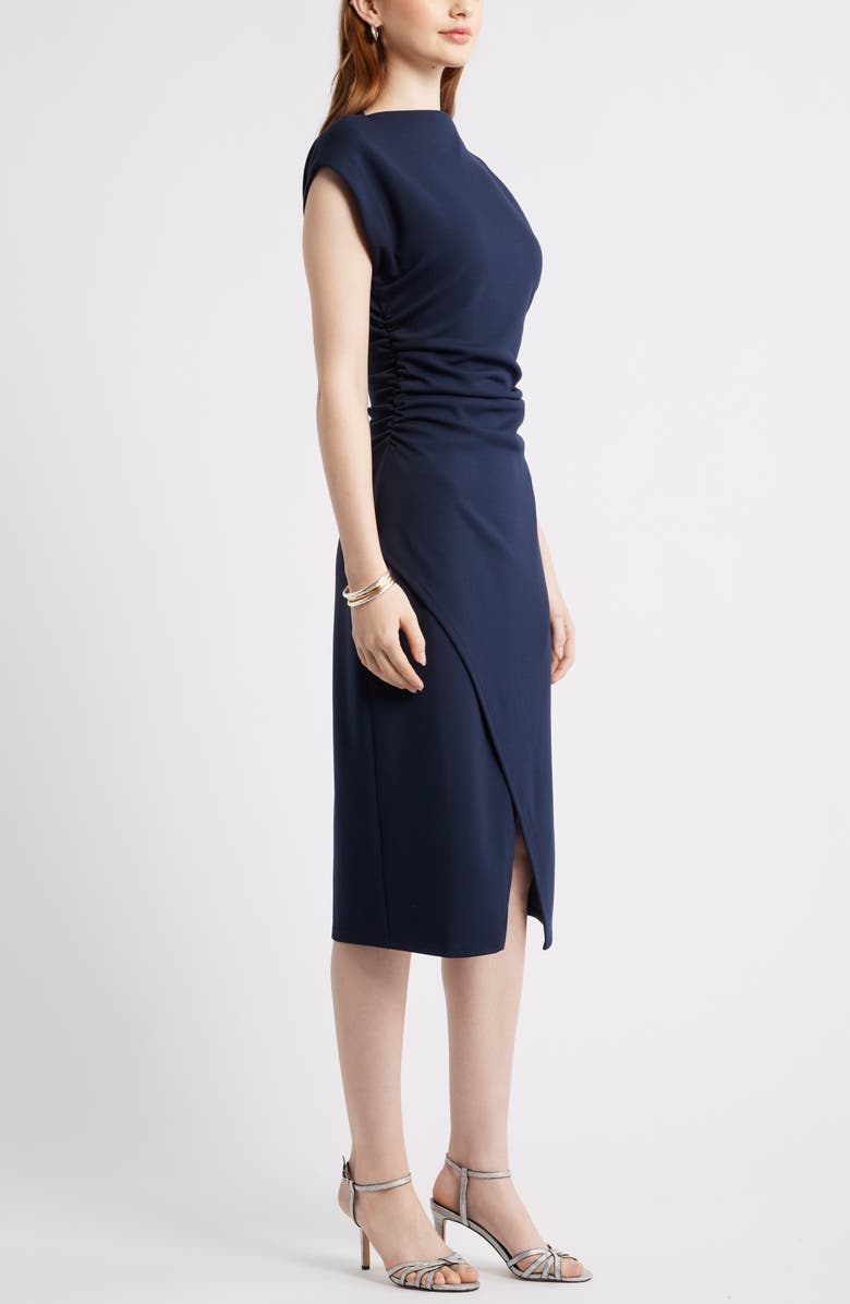 Nordstrom Ruched Funnel Neck Midi Dress, Alternate, color, Navy Night
