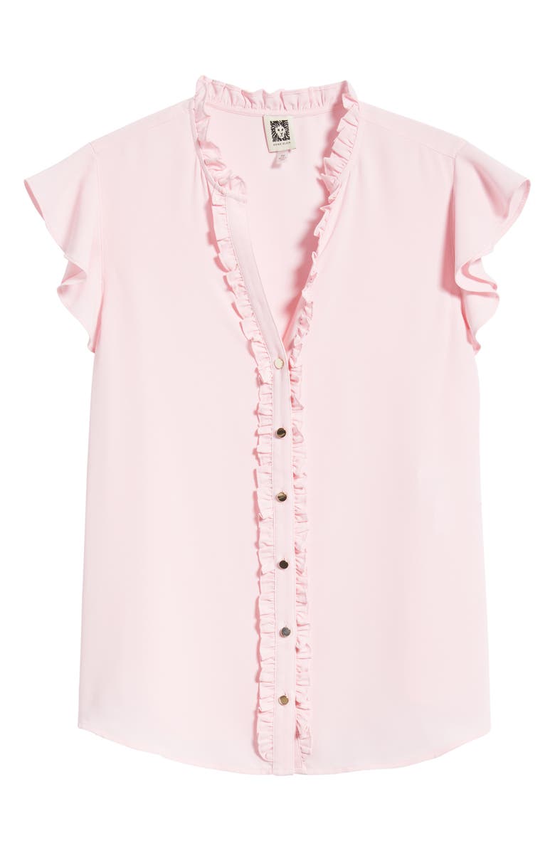 AK ANNE KLEIN Ruffle Accent Short Sleeve Button-Up Shirt, Alternate, color, Peony Pink