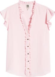 AK ANNE KLEIN Ruffle Accent Short Sleeve Button-Up Shirt