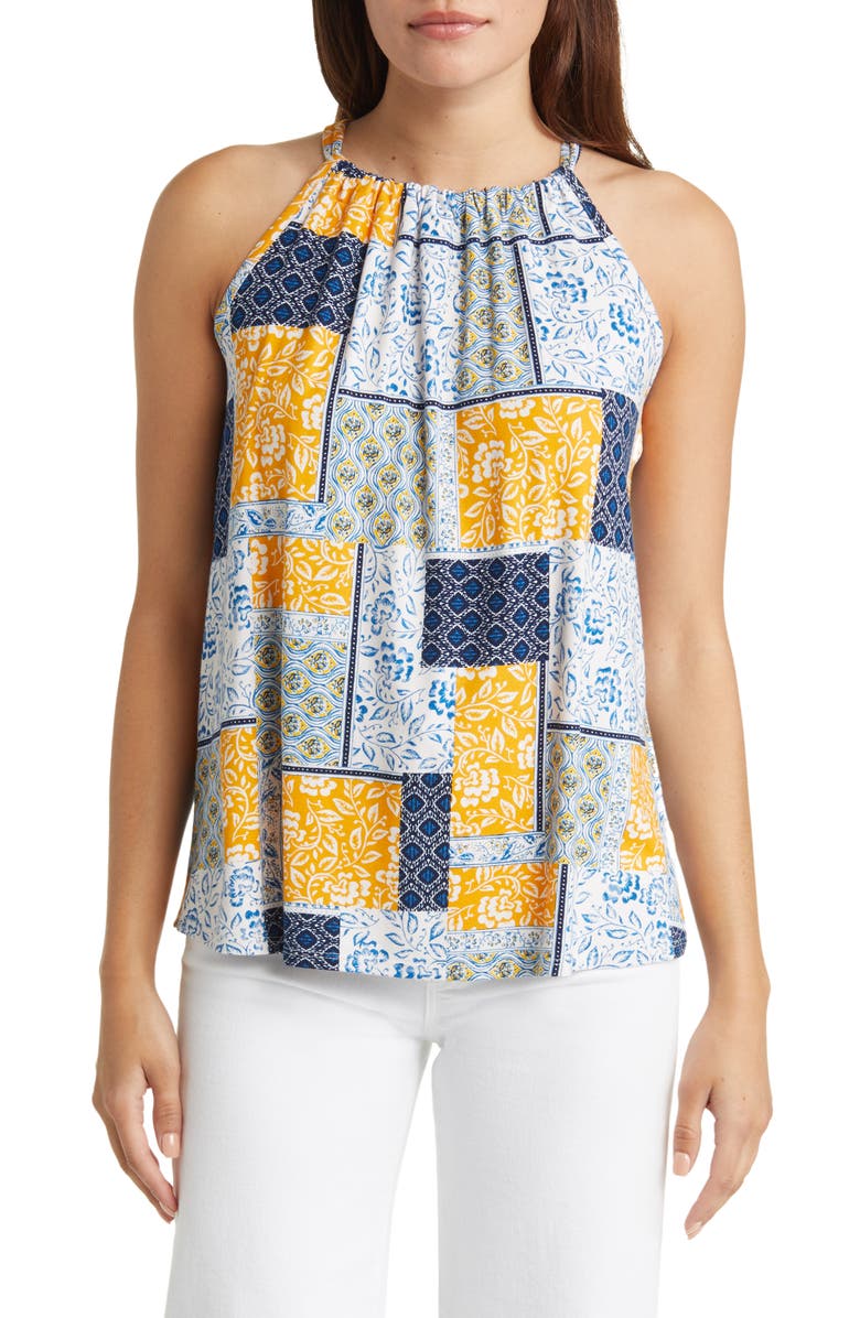 Loveappella Print Tank, Main, color, Navy/ Sunflower