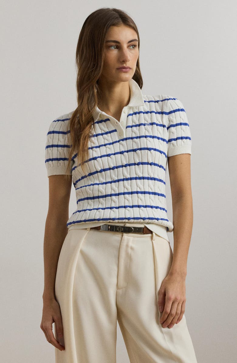 Lauren Ralph Lauren Stripe Cable Knit Cotton Polo Sweater, Alternate, color,
