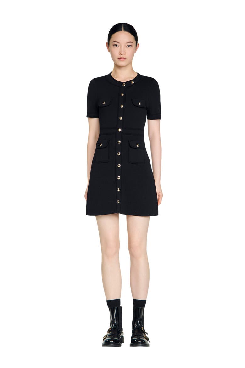 Button-up knit short dress, Alternate, color, Black