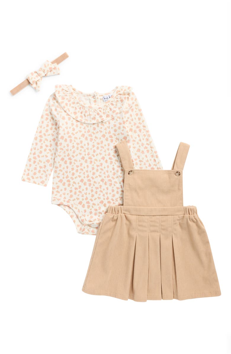 Nicole Miller Floral Long Sleeve Bodysuit, Corduroy Overall Dress & Headband Set, Main, color, Cuban Sand