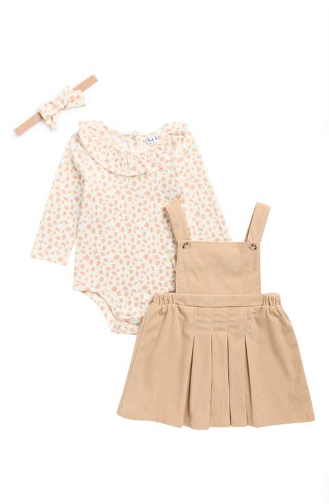 Floral Long Sleeve Bodysuit, Corduroy Overall Dress & Headband Set (Baby)