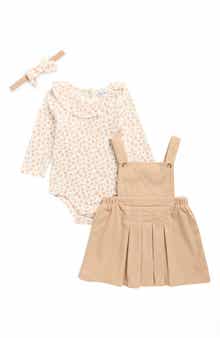Nicole Miller Floral Long Sleeve Bodysuit, Corduroy Overall Dress & Headband Set