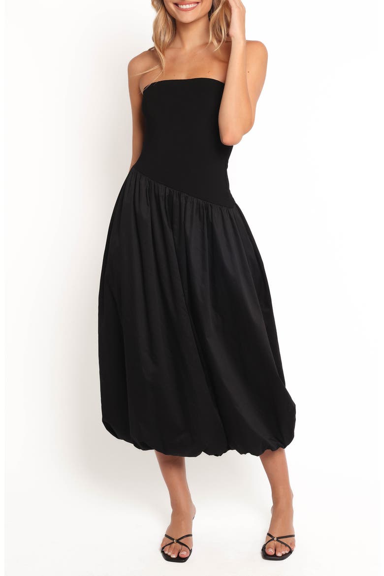 Annalyse Strapless Bubble Hem Mixed Media Midi Dress, Main, color, BLACK