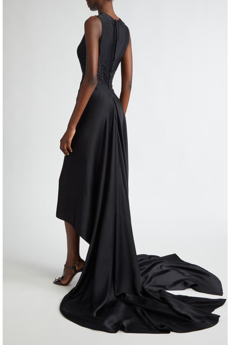 Fishtail Train Sleeveless Crepe Gown, Alternate, color, BLACK