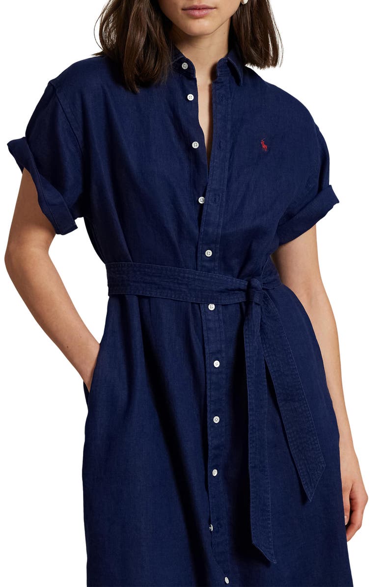 Polo Ralph Lauren Short Sleeve Belted Linen Shirtdress, Alternate, color, 