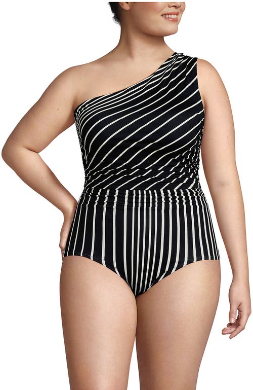 Lands' End Ruched One Shoulder Midkini Swimsuit Top In Black/egret Variegated Stripe
