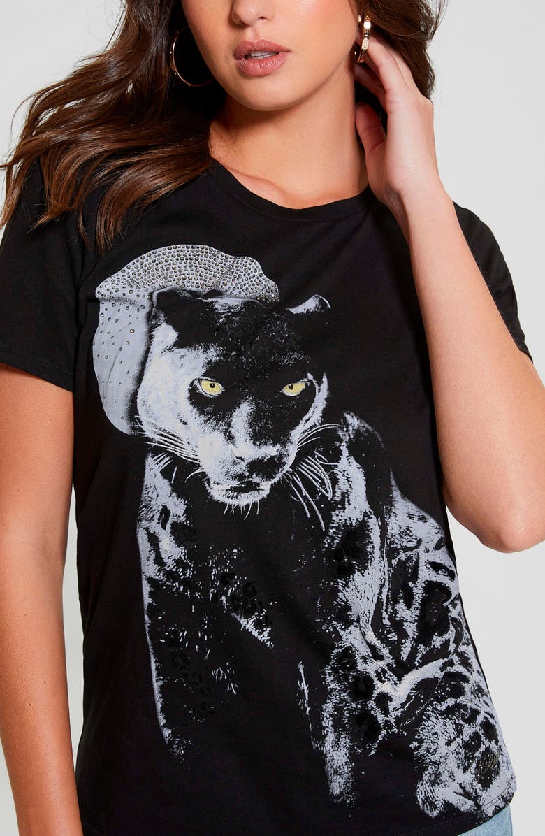 GUESS Panther Moon Embellished Organic Cotton Graphic T-Shirt, Alternate, color, 