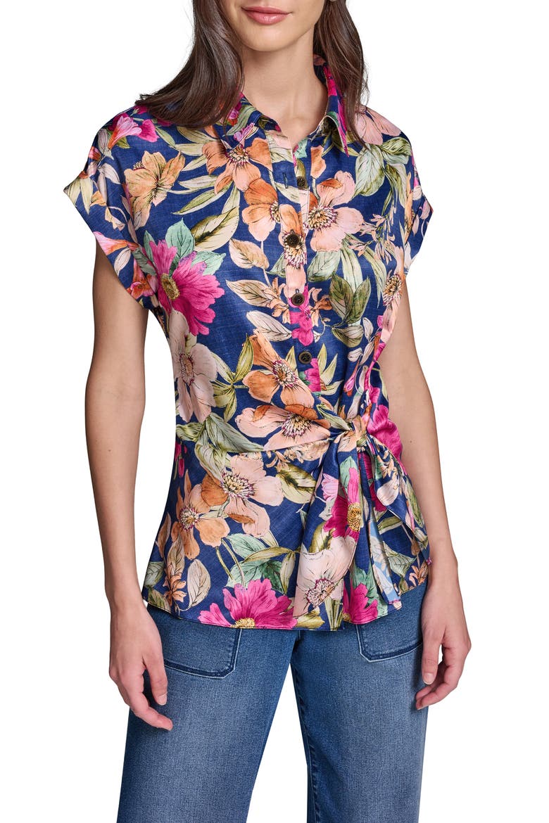 Side Tie Crêpe de Chine Button-Up Shirt, Main, color, CURRANT/ LIGHT BLUSH MULTI