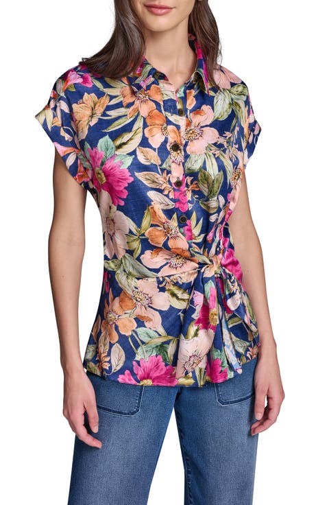 Side Tie Crêpe de Chine Button-Up Shirt