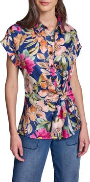 KARL LAGERFELD PARIS Side Tie Crêpe de Chine Button-Up Shirt