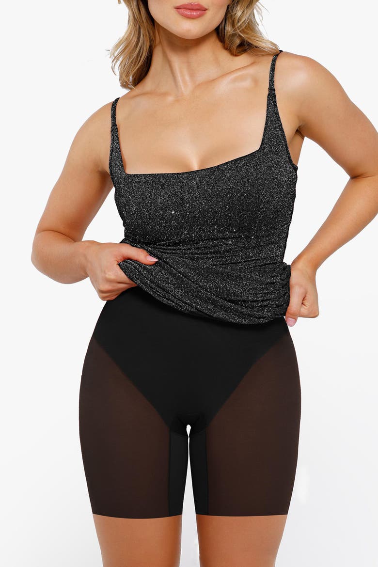 Shapewear Metallic Knit Bodycon Sculpting Midi Slip Dress, Alternate, color, Sparkly Black