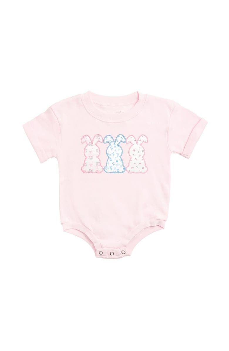 Sweet Wink Floral Bunny Patch Easter Short Sleeve Romper, Main, color, Ballet Pink