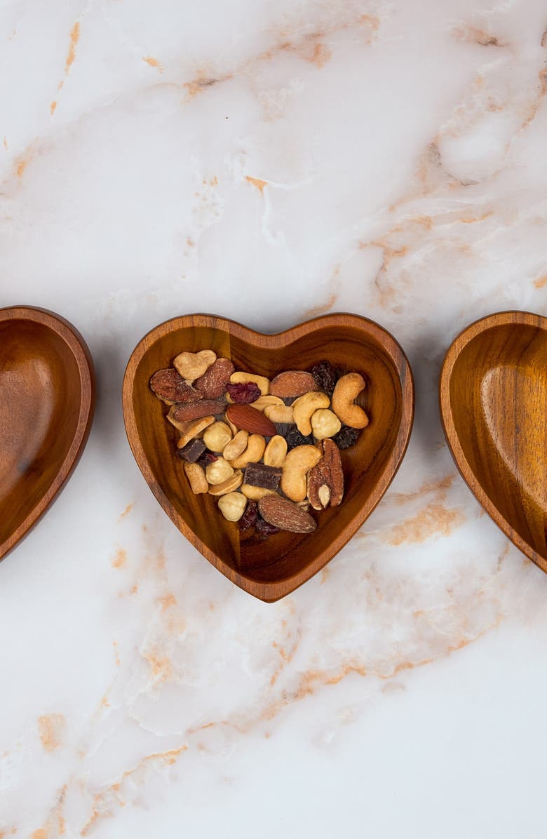 Nambé Eat Your Heart Out Set of 3 Small Acacia Wood Bowls, Alternate, color, Brown