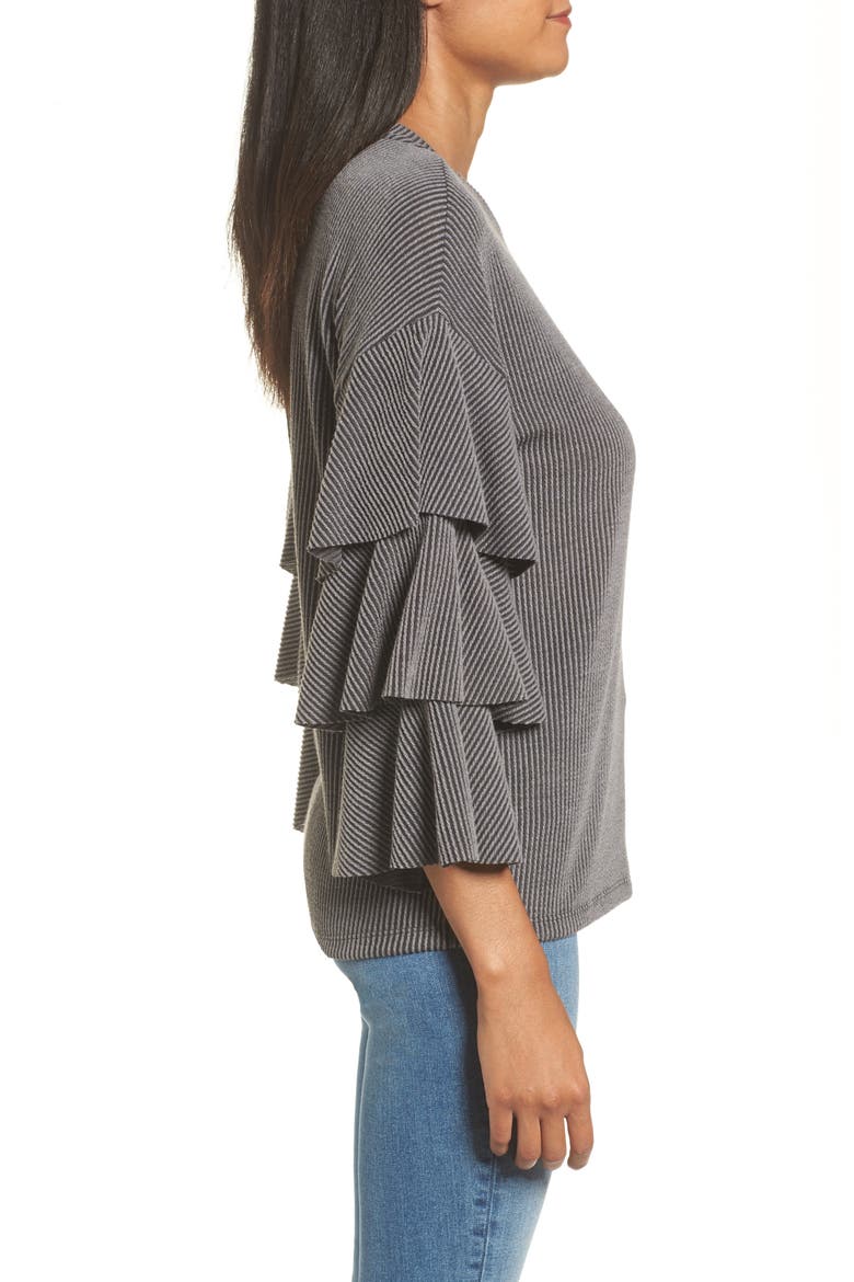 Ribbed Ruffle Sleeve Top, Alternate, color, WASHED BLACK