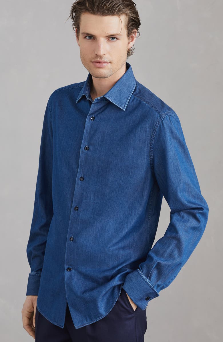 Brunello Cucinelli Lightweight denim tuxedo shirt, Alternate, color, 