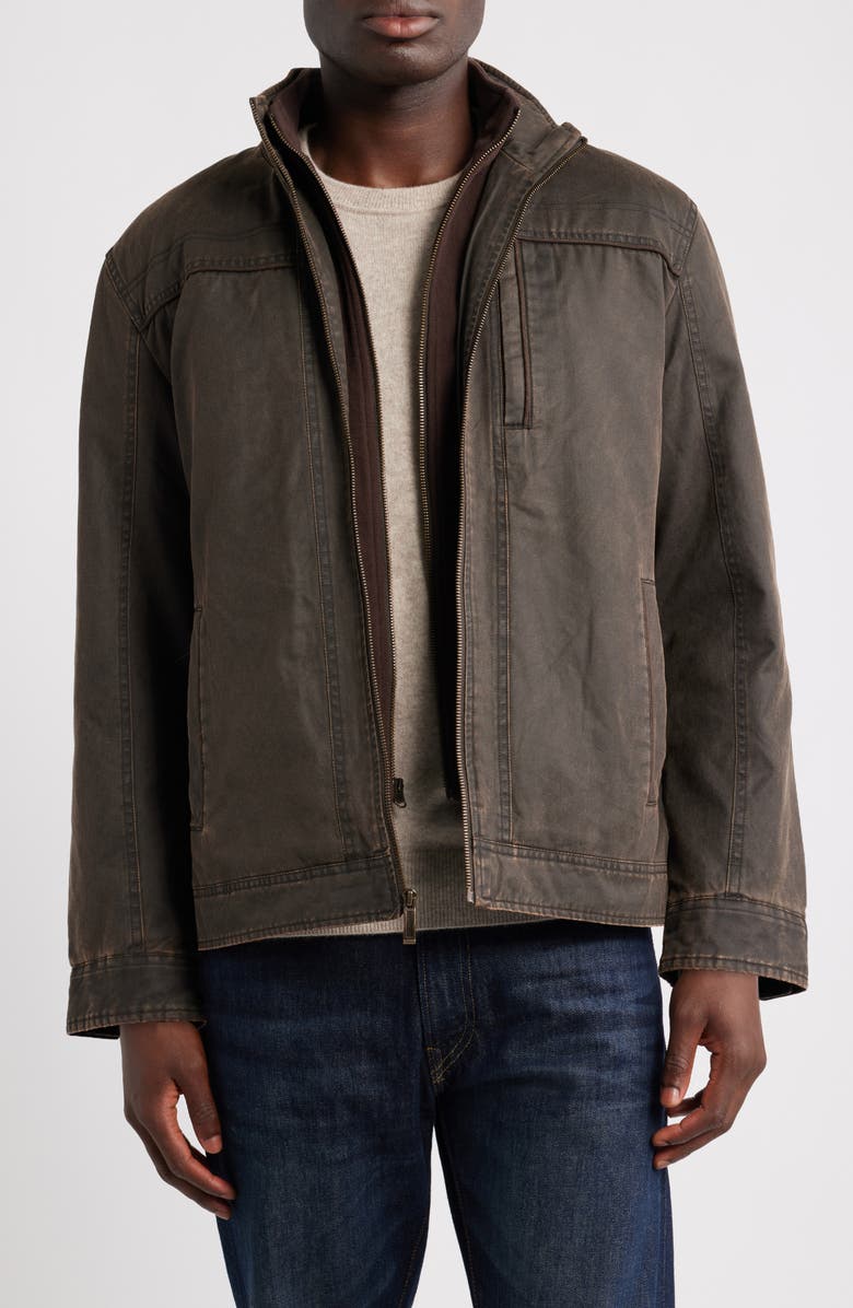 Johnston & Murphy Antiqued Cotton Blend Jacket with Removable Bib, Main, color, Brown