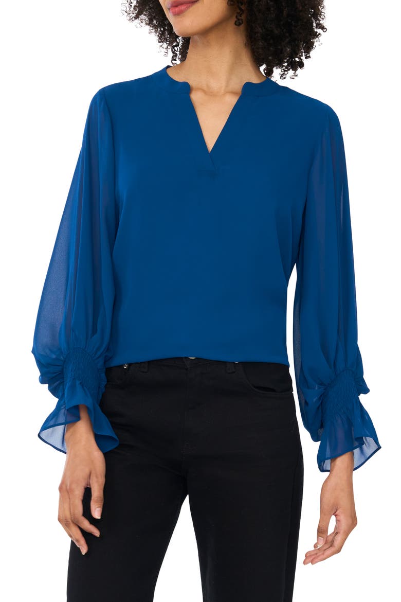 Ruffle Cuff Split Neck Top, Main, color, ESTATE BLUE