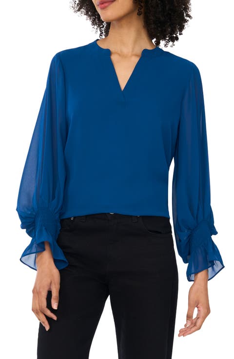 Ruffle Cuff Split Neck Top
