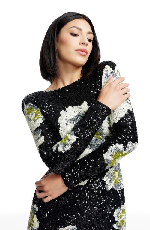 DRESS THE POPULATION DRESS THE POPULATION NATHALIA FLORAL SEQUIN LONG SLEEVE COCKTAIL MINIDRESS