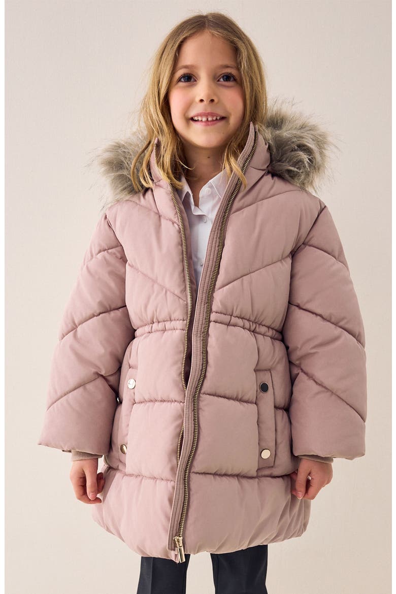 Kids' Hooded Puffer Coat with Faux Fur Trim, Alternate, color, TOFFEE PINK