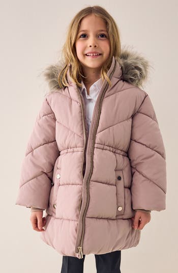 Kids' Hooded Puffer Coat with Faux Fur Trim