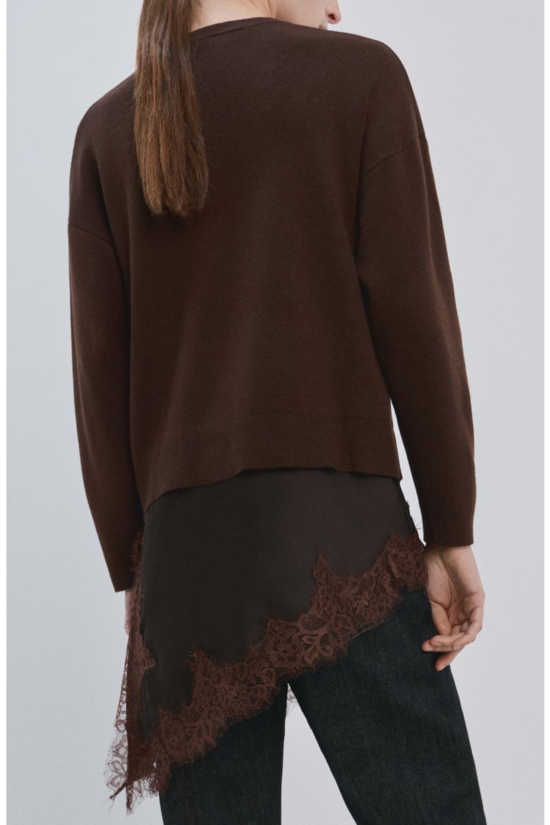 Mixed Media Asymmetric Hem Lace Trim Sweater, Alternate, color, CHOCOLATE