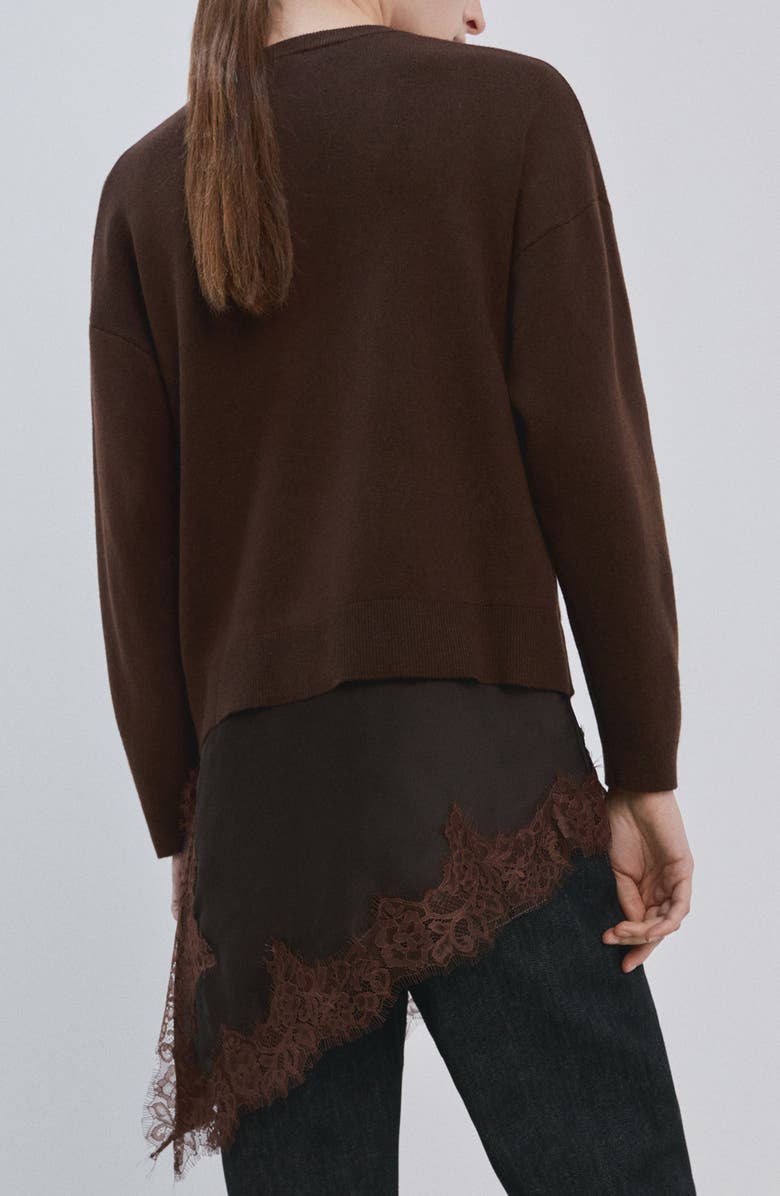 MANGO Mixed Media Asymmetric Hem Lace Trim Sweater, Alternate, color,