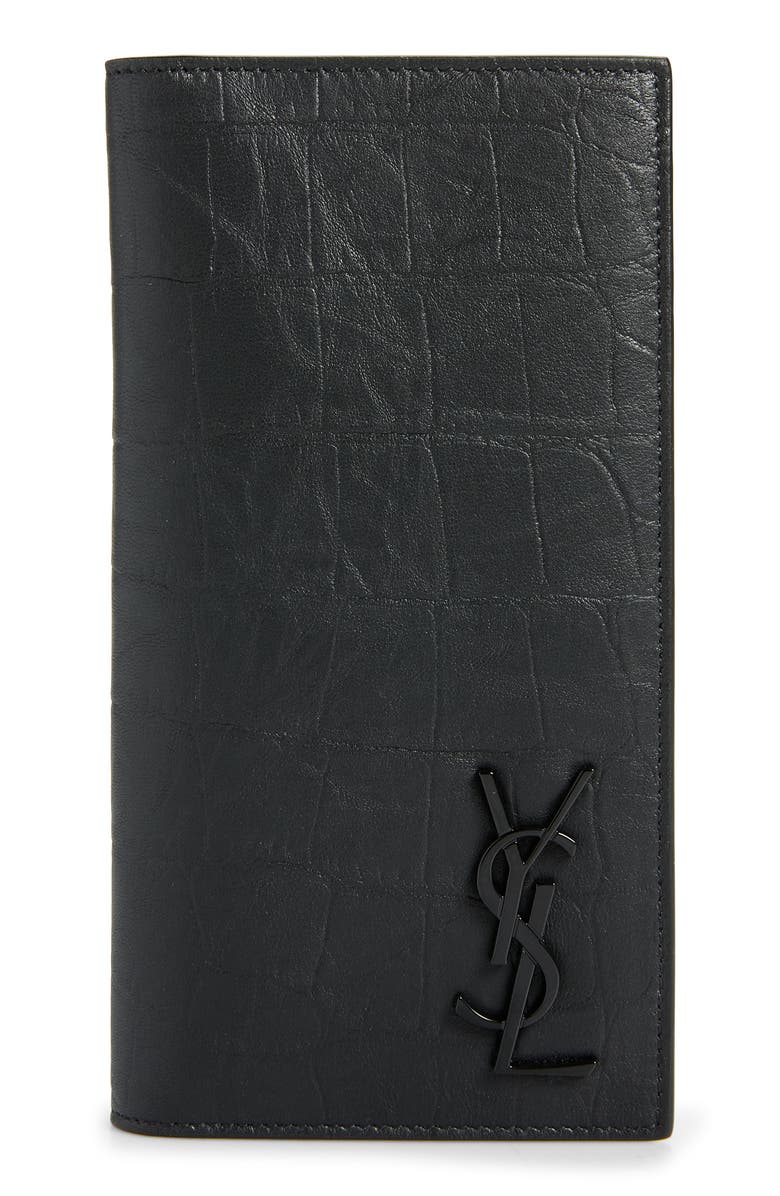 Saint Laurent Monogram Croc Embossed Leather Bifold Wallet, Main, color, 