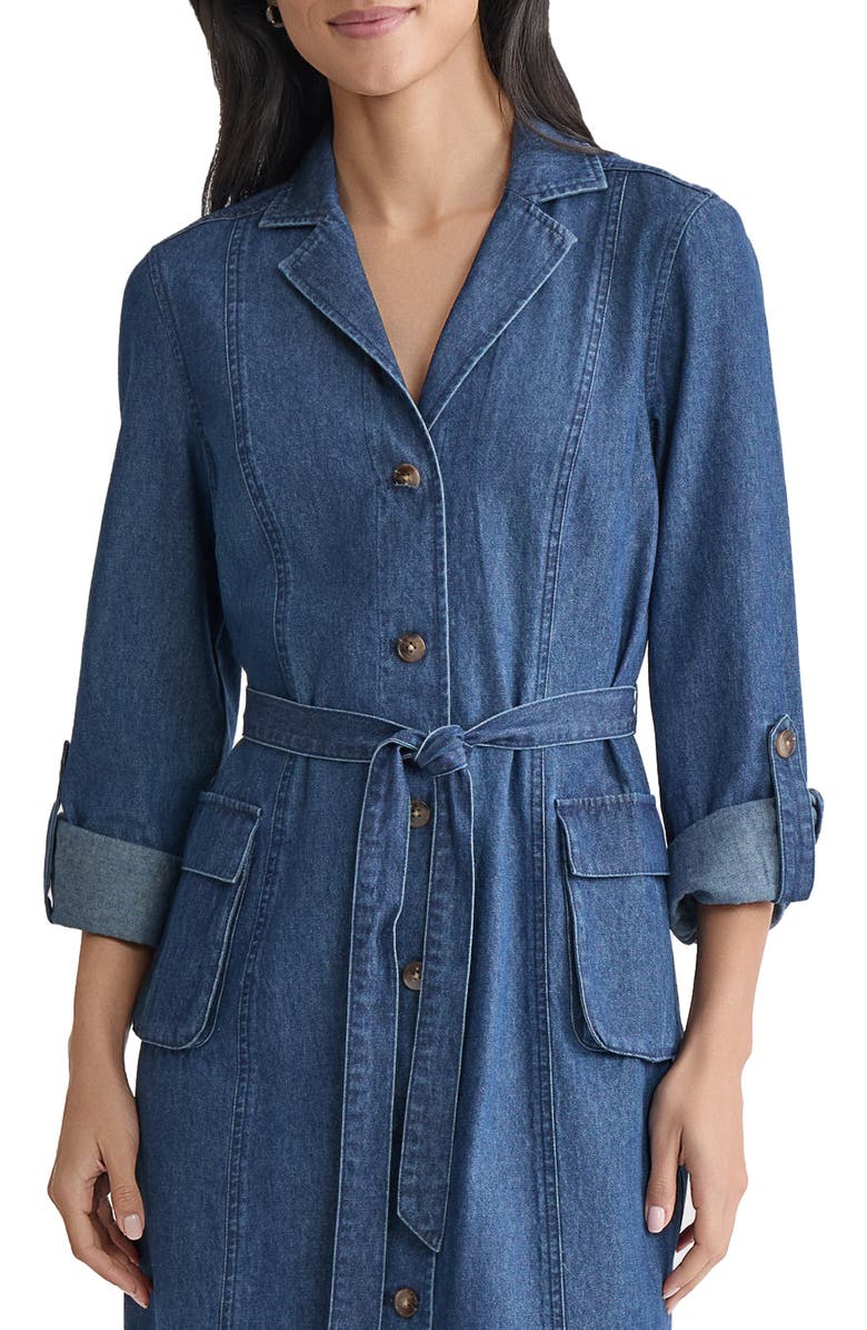 Jones New York Long Sleeve Cotton Denim Midi Shirtdress, Alternate, color, Dark Wash
