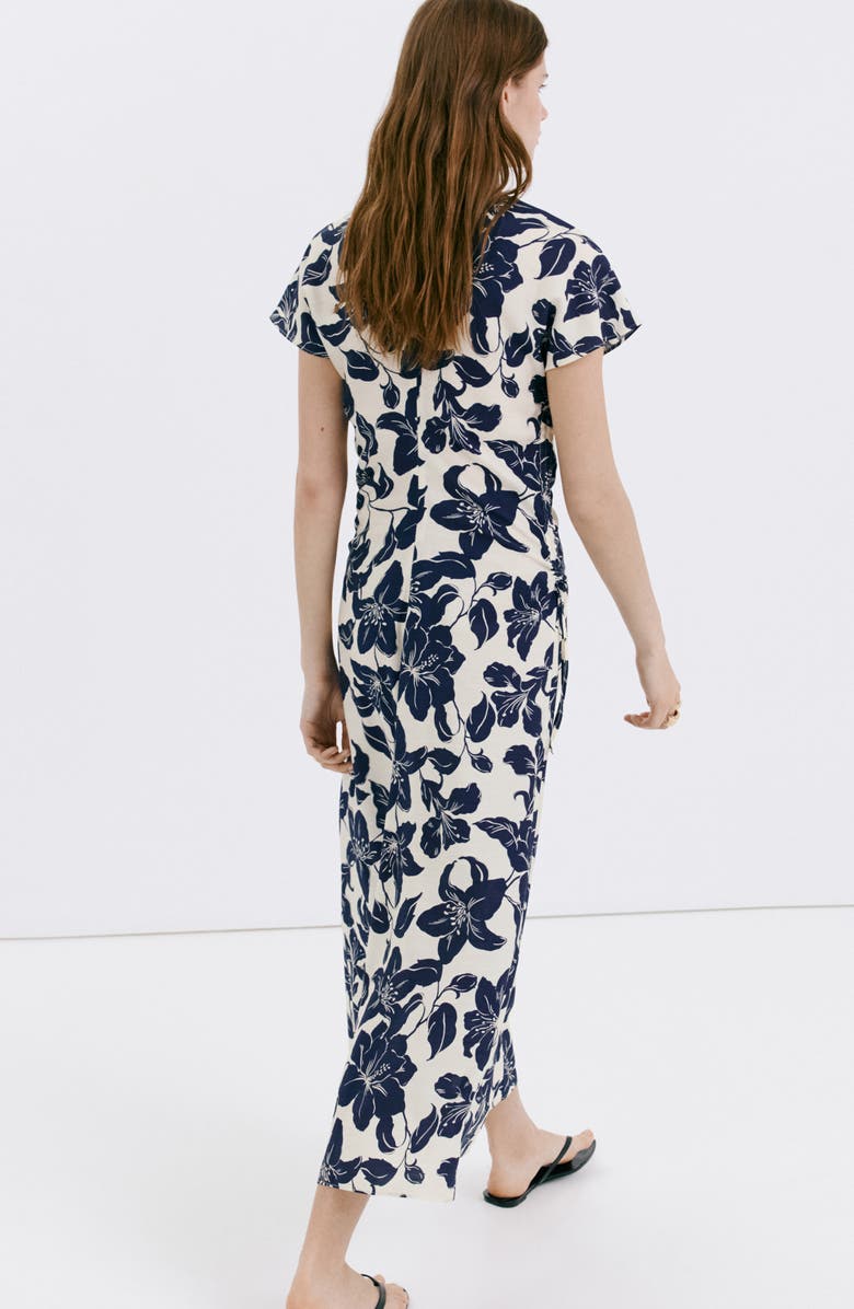 MANGO Print Side Ruched Maxi Dress, Alternate, color, Ecru
