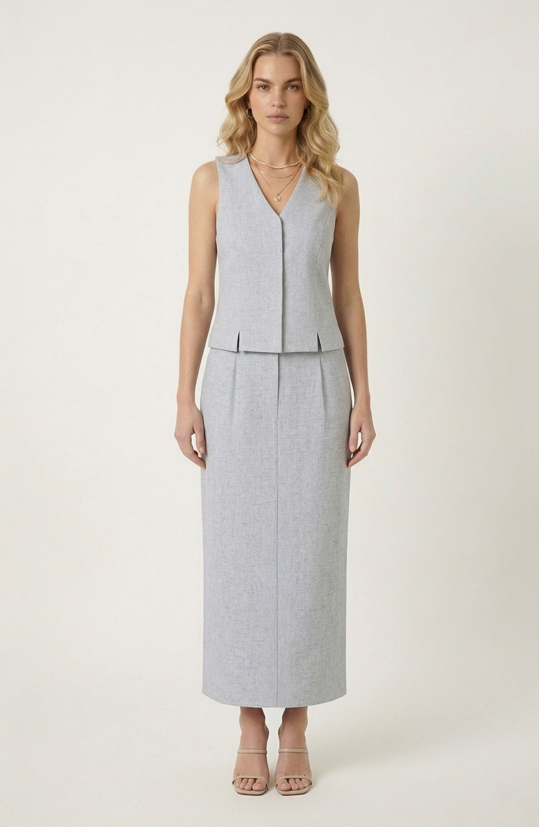Modenaire Hidden Front Closure Sleeveless Top & Midi Skirt Set, Main, color, Light Grey