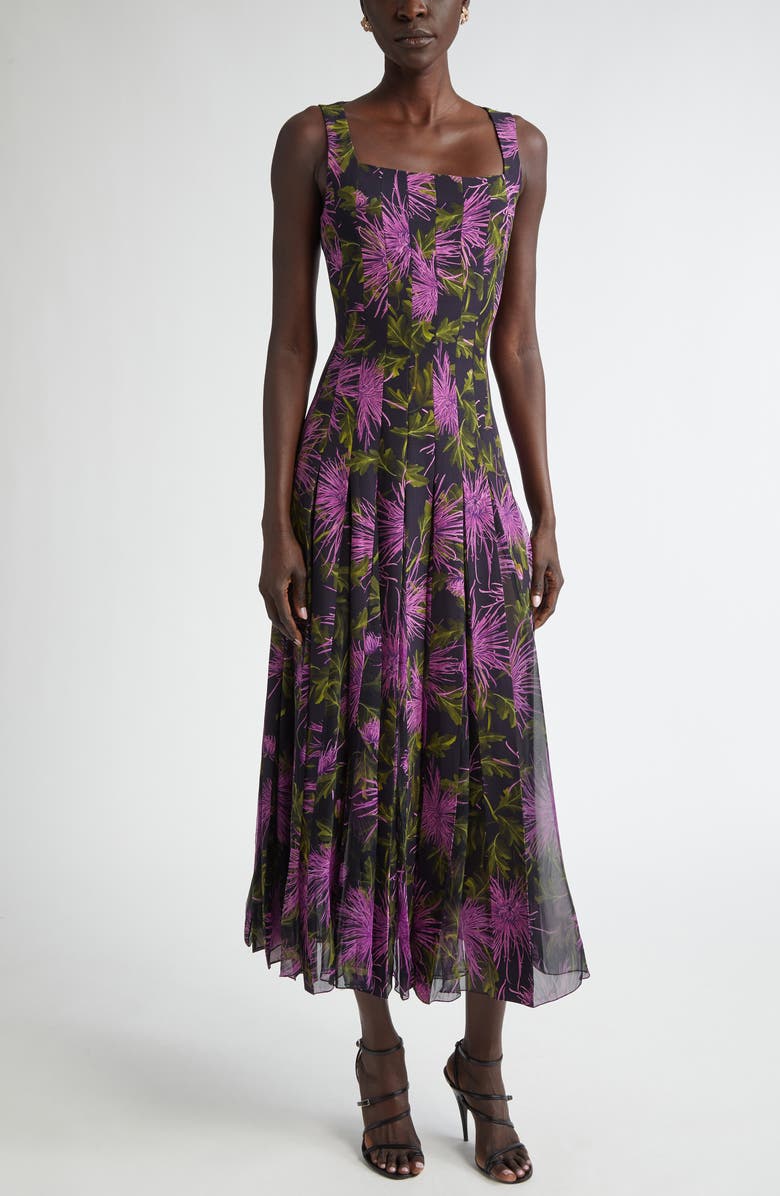 Oscar de la Renta Chrysanthemum Print Paneled Midi Dress, Main, color,