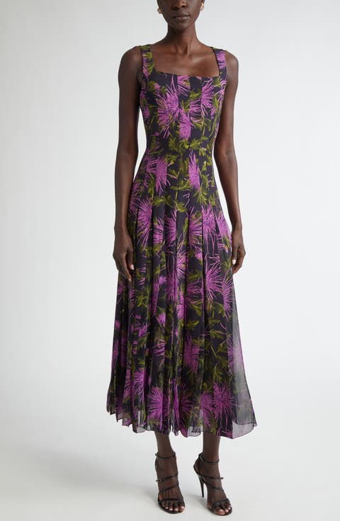 Chrysanthemum Print Paneled Midi Dress