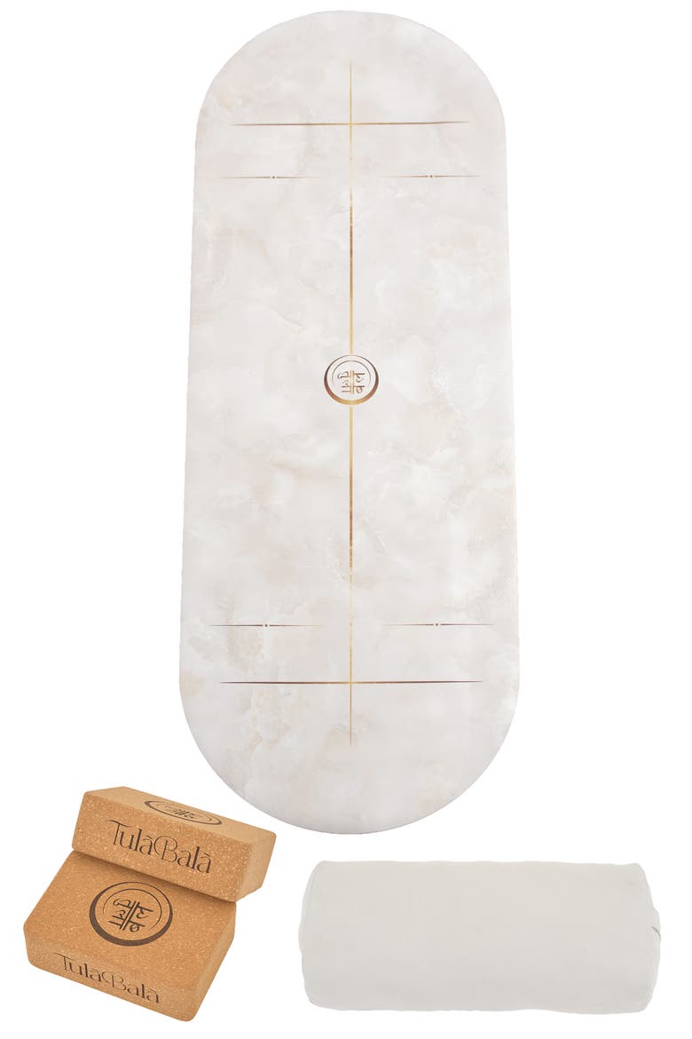Align & Restore Set - Classic Curved Yoga Mat Set - Vegan Suede, Main, color, White Marble