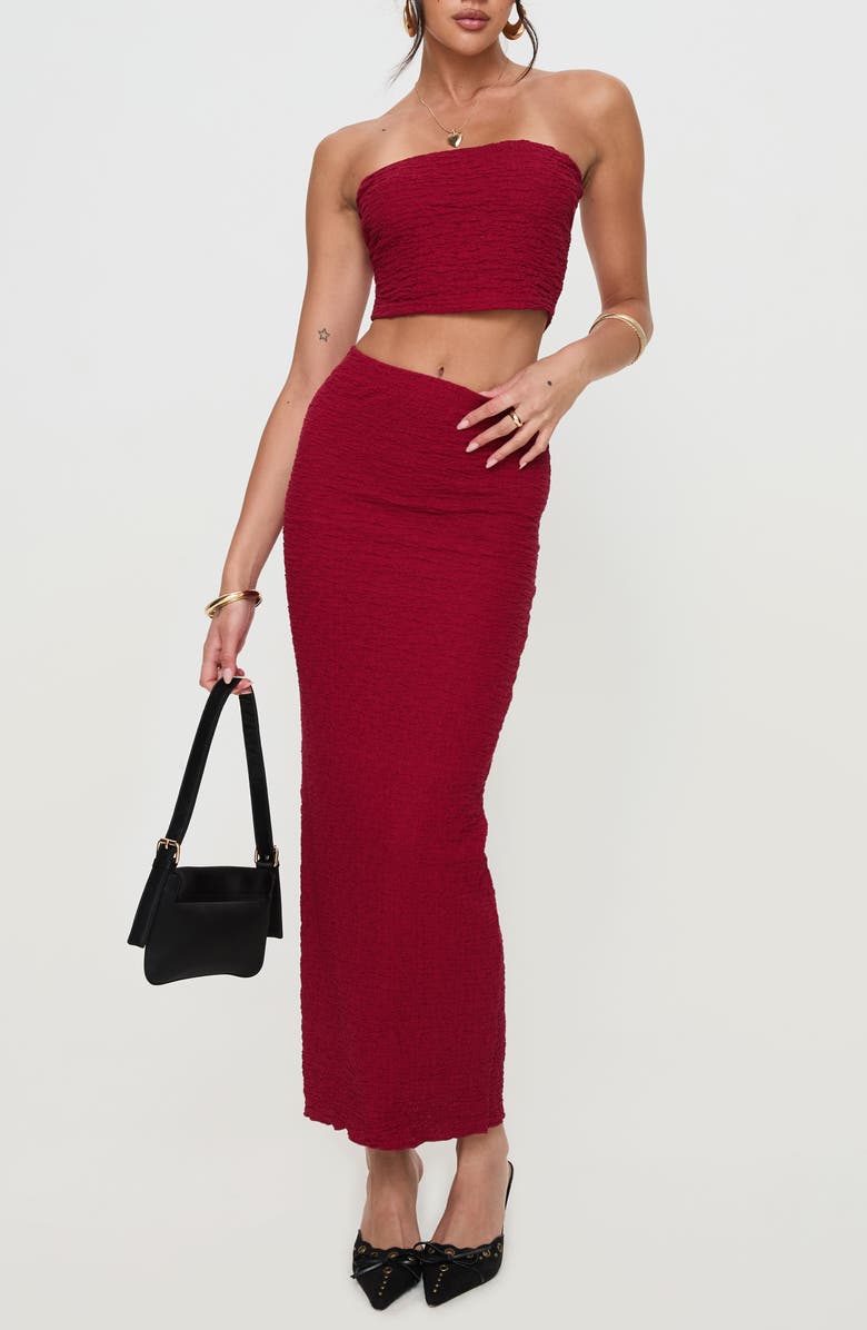 Princess Polly Martha Strapless Top & Maxi Skirt Set, Main, color, Burgundy