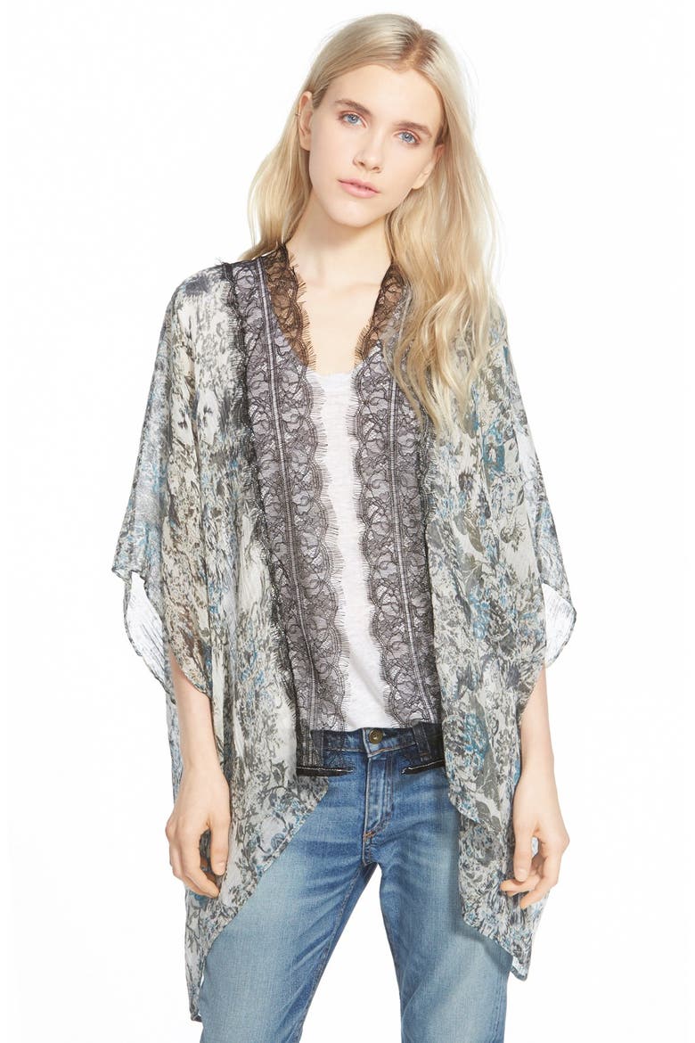 BCBGeneration 'Only Dreams' Lace Trim Kimono, Main, color, BLACK