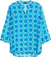 APNY Print Mandarin Collar Chiffon Button-Up Top