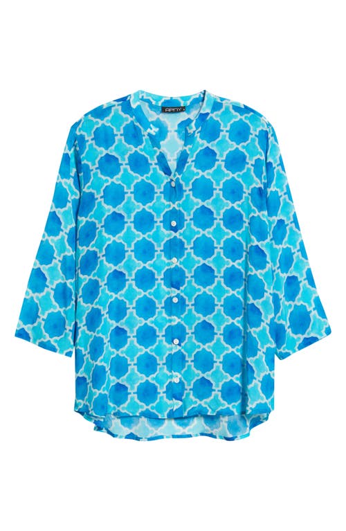 Apny Print Mandarin Collar Chiffon Button-up Top In Blue