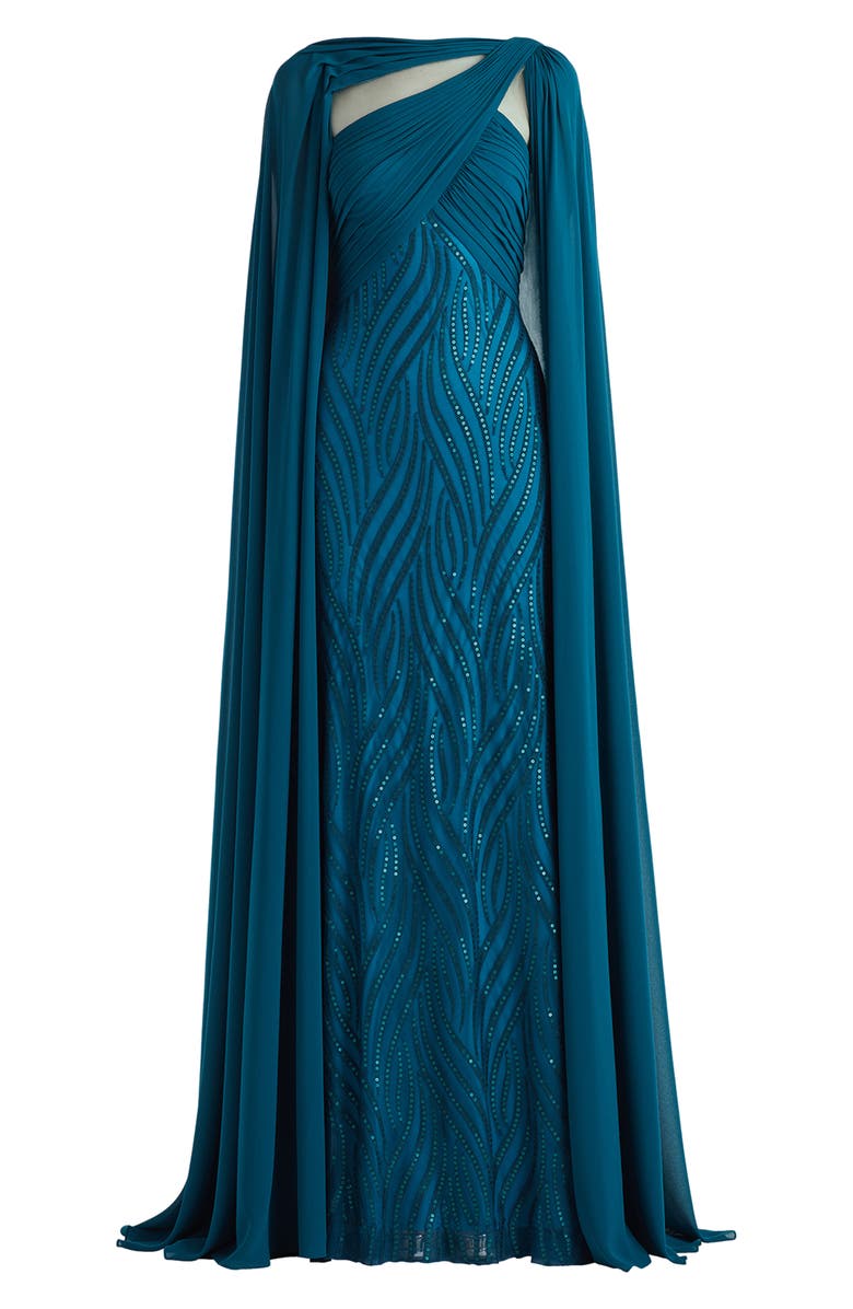 Tadashi Shoji Sequin Pleat Cape Gown, Alternate, color, Starry Night