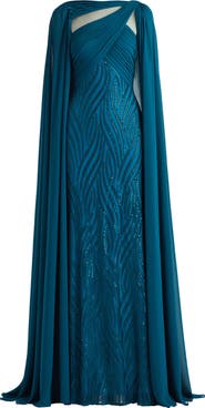 Tadashi Shoji Sequin Pleat Cape Gown
