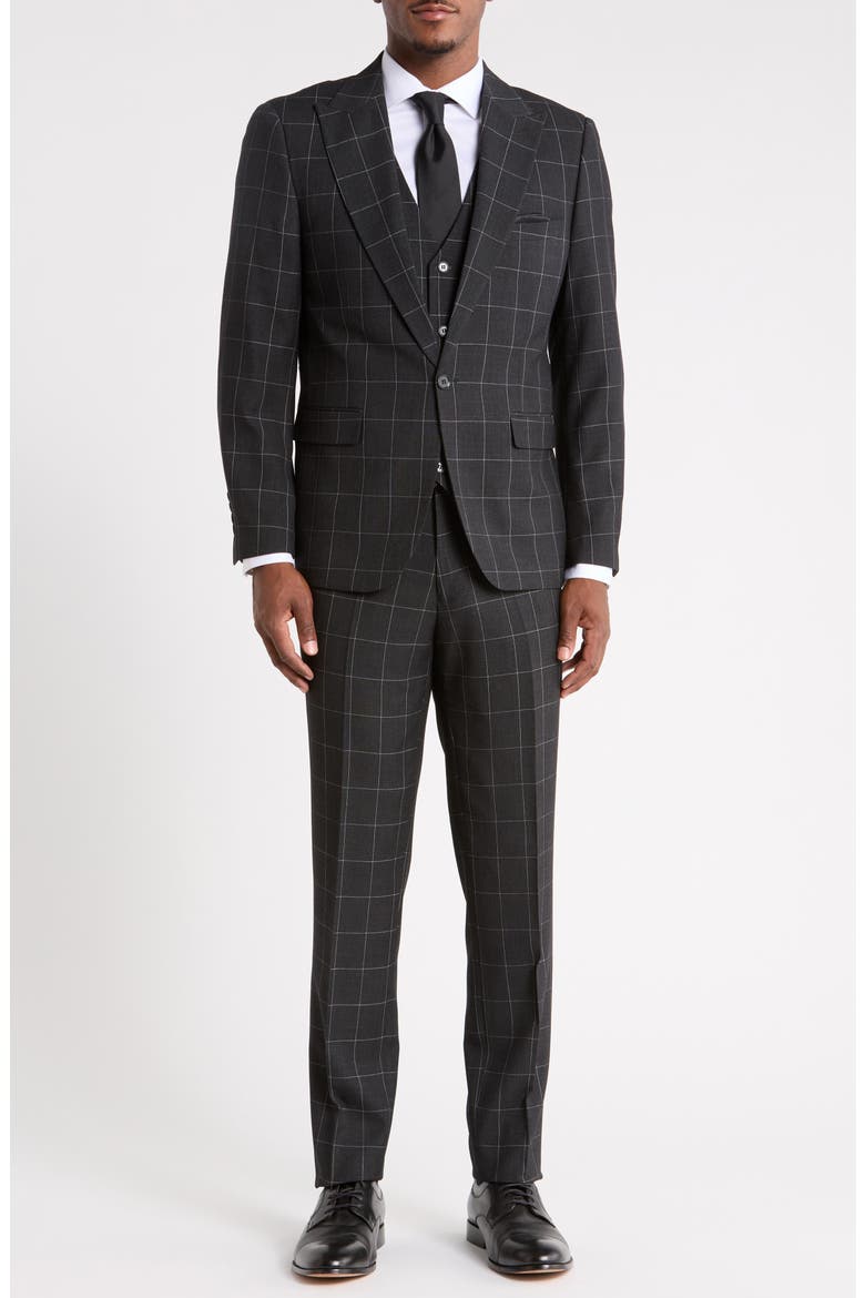 Windowpane Check Three-Piece Suit, Main, color, DARK GREY