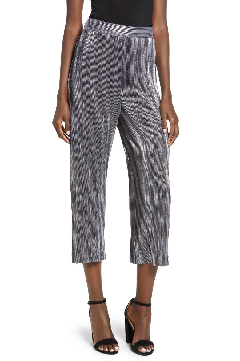 Metallic Mini Pleat Gaucho Crop Pants, Main, color, SILVER