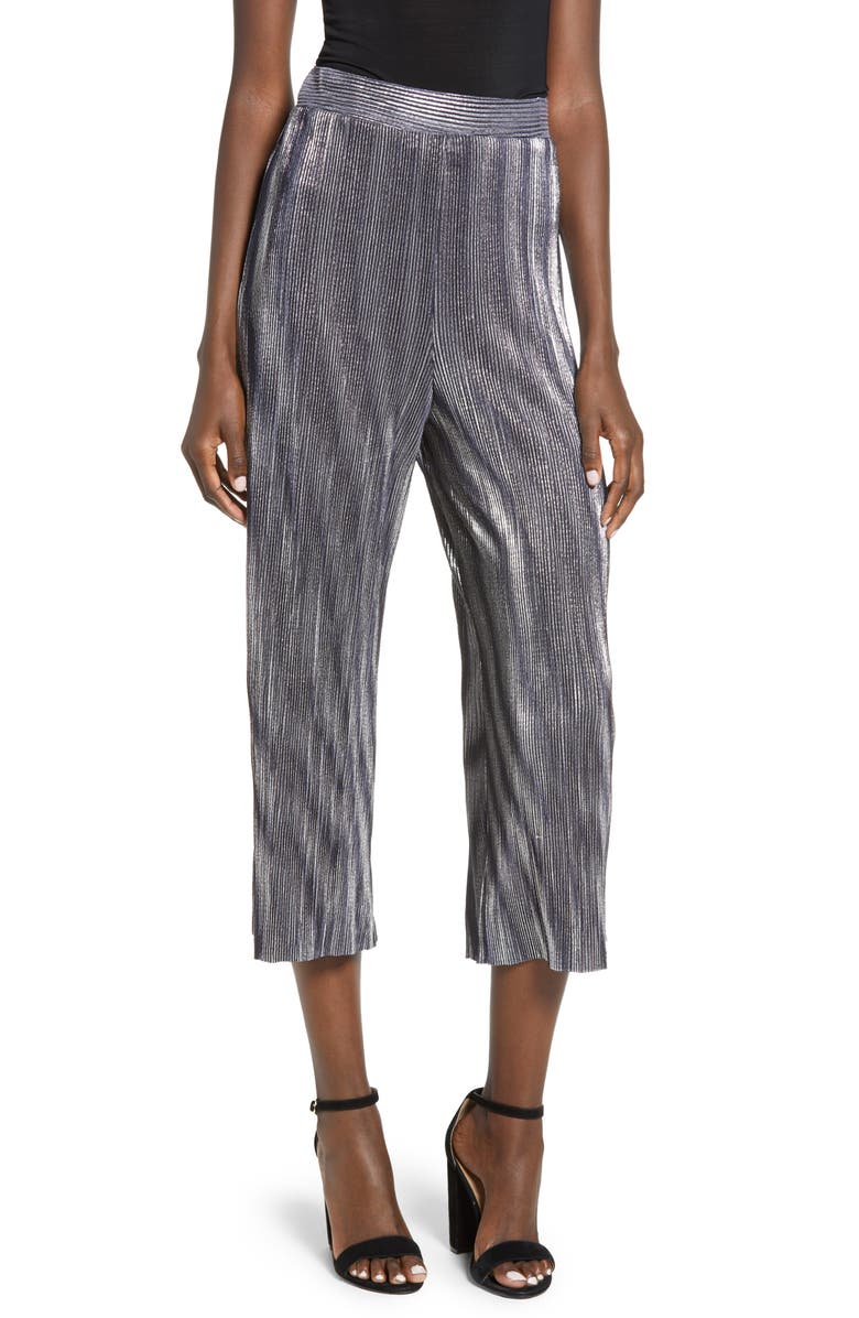 Love, Fire Metallic Mini Pleat Gaucho Crop Pants, Main, color,